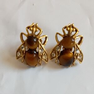 Tiger Eye Bumble Bee Earrings Gold With Rhinestones.